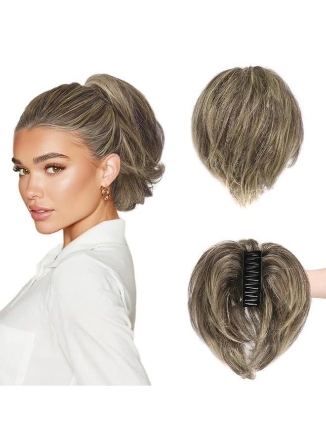 Short Ponytail Hairpiece with Claws Clips and Flexible Wires, DIY 20 cm Real Human Hair Brown Mix Blonde Messy Bun Hairpieces for Women Thick Natural Real Hair Ponytail