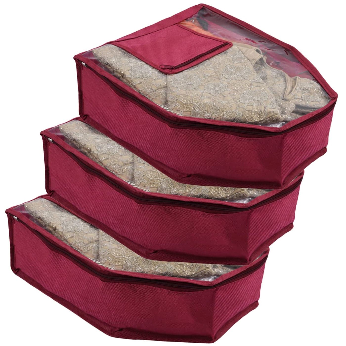 Kuber Industries Blouse Cover Non Woven Foldable Wardrobe Organizer For Woman Cloth Organizer Top Transparent One Small Pocket Pack of 3 Pink