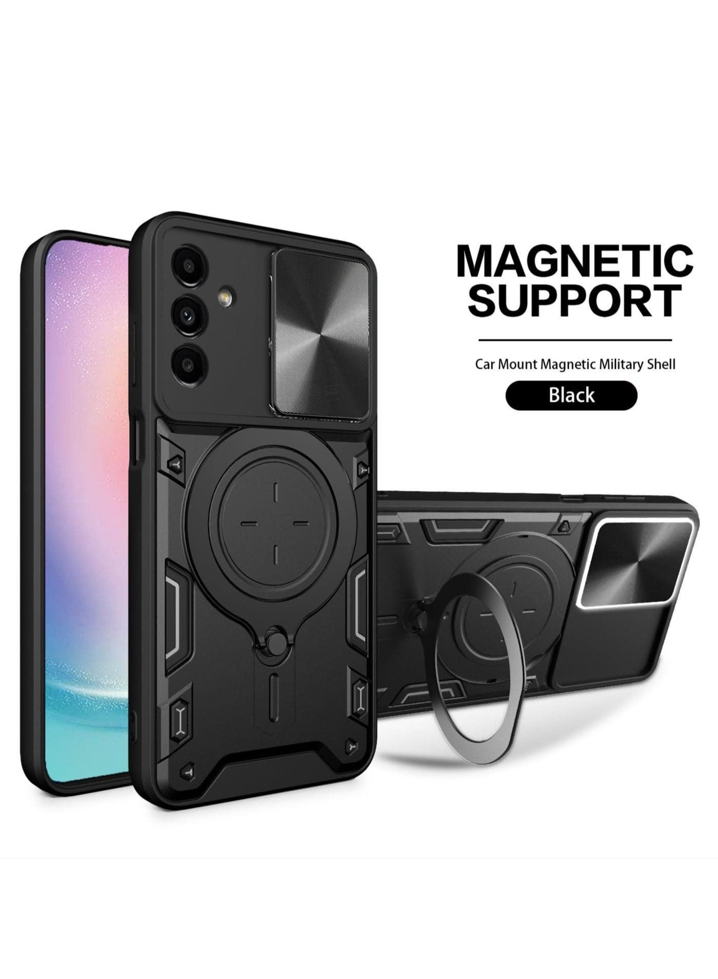 Samsung Galaxy A25 5G Mobile Phone Case Cover, Slide Camera Lens Cover, 360°Rotating Kickstand Ring, Bumper Shockproof Phone Case,Compatible with Car Magnetic Mount