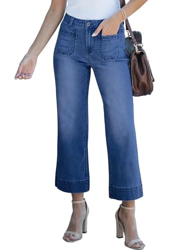 luvamia Wide Leg Jeans for Women Trendy High Waisted Flare Jeans Cropped Denim Pants Stretchy Baggy with Patch Pockets Women High Rise Jeans for Women Women's Clothing Darkness Blue Size 12 Size 14