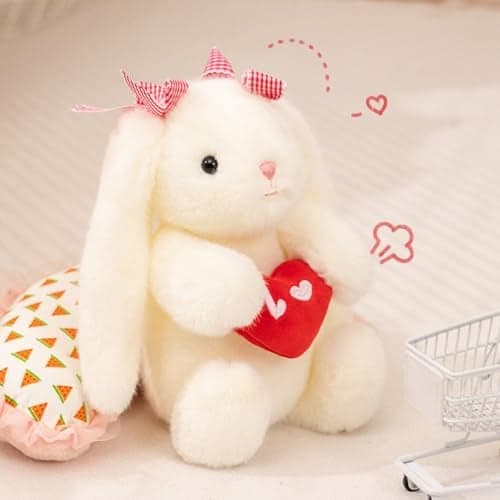 PEACH CAT Love Bunny Stuffed Animals Holds Red Heart 8 Cute Rabbit Plushies Soft Plush Toys Romantic Sweet Gifts for Girlfriends Kids White