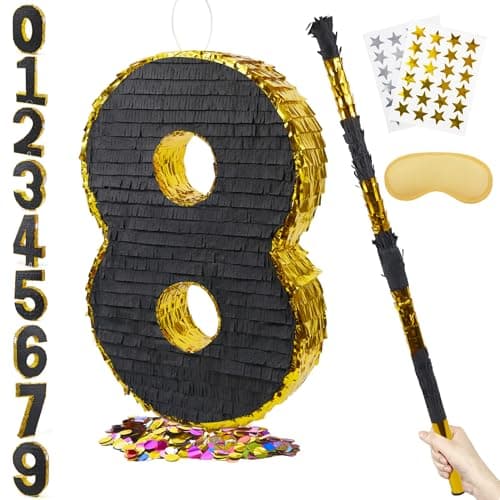 PCFING 20 Inch Number 8 Piata Gold Black with 30 Inch Piata Stick Blindfold Confetti for Man Women Boys Girls Birthday Party Decorations Anniversary Celebration Fiesta