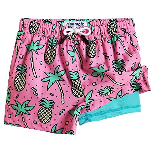 maamgic Boys Swim Trunks with Compression Liner Toddler Stretch Swim Shorts Quick Dry Swimming Trunks Boxer Brief 2 in 1 Beach Shorts Rose Coconut 14/16