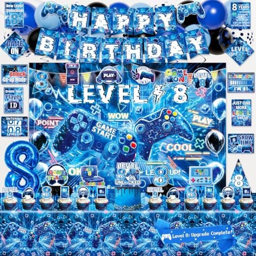 Mpanwen Gamer 8th Birthday Decorations for Boys Blue Video Game Level 8 Bday Party Decor Supplies for 8 Years Old Boy with Backdrop Banner Tablecloth Centerpieces Hanging Swirls Hat Wall Signs