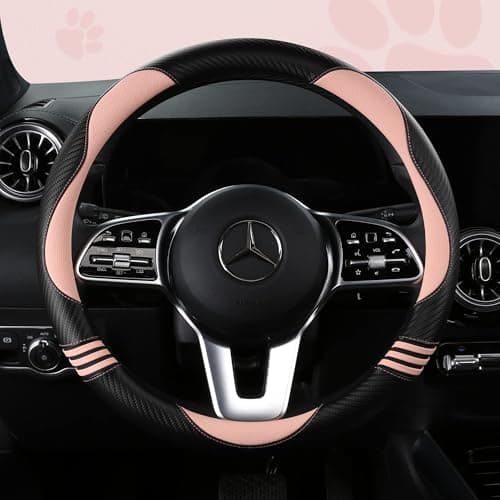 HighnessHwoo Car Steering Wheel Covers for Women Padded Carbon Fiber PU Leather Cute Auto Interior Accessories for Vehicle Sedan Universal Anti Slip Pink Standard Size 14751515in