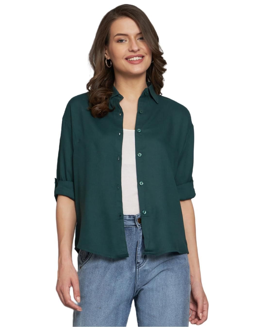 FUNDAY FASHION Women Boxy Fit Solid Casual Shirt (in, Alpha, 2XL, Regular, Bottle Green)