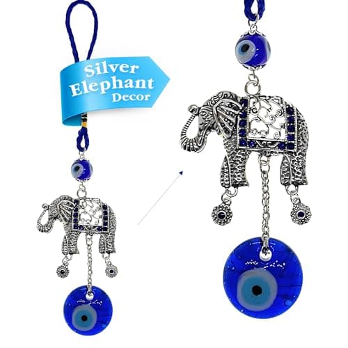 LUCKBOOSTIUM Silver Elephant w/Blue, White & Black Resin Evil Eye Beads Tassels Charms - Evil Eye Car Hanging Ornament-Rear View Mirror Accessories-Keychain Charm for Bag, Home & Office Door