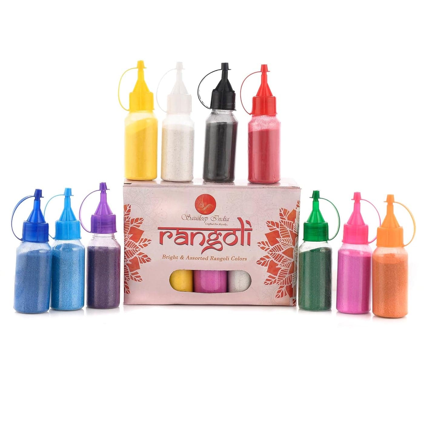 Saudeep India Rangoli Color Powder Bottle1Kg10 Colors Rangoli Colour Powder Rang for Diwali Navratri Pongal Pooja Mandir Colour Powder Set Rangoli Color 10 Matki Diya