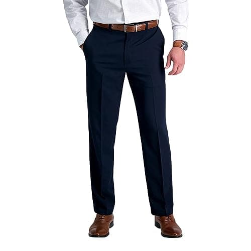 Haggar mens Cool 18 Stria Hidden Expandable Waistband Plain Front casual pants, Navy, 36W x 30L US