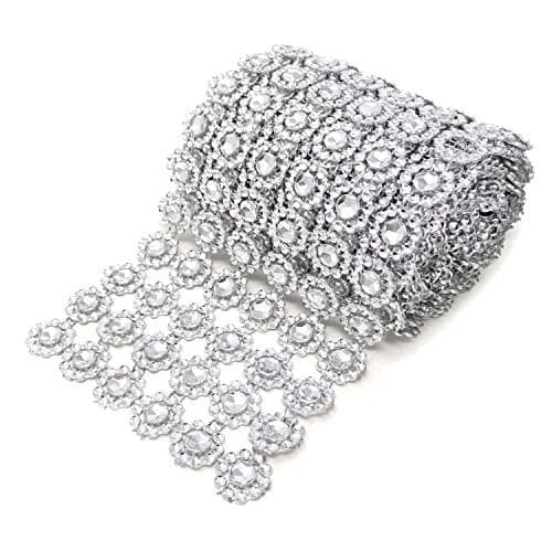Honbay 4 Inch x 2 Yards Sparkling Silver Flower Shape Diamond Mesh Wrap Roll Faux Crystal Rhinestone Mesh Ribbon for Wedding Birthday Baby Shower Arts Craftsetc