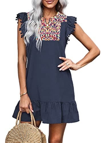 KIRUNDO Women's 2025 Summer Mini Dress Casual V Neck Floral Embroidered Ruffle Sleeveless Shift Flowy Boho Dress (B-Navy, Large)