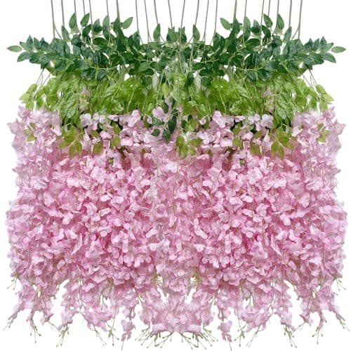 WONICE Artificial Wisteria Hanging Flowers Fake Wisteria Flower Garland Silk Vines Rattan Decor for Home Wedding Arch Wall Garden Greenery Bedroom Outdoor Office Party Decoration (12, Light Pink)