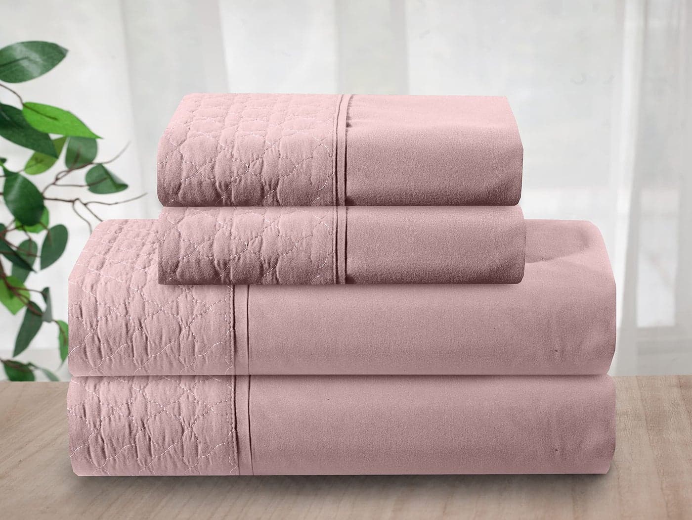 Elegant Comfort Luxury Soft Coziest 4Piece Bed Sheet Set 1500 Thread Count Egyptian Quality Microfiber Wrinkle Resistant Beautiful Quilted Design on Flat Sheet and Pillowcases Queen Dusty Rose