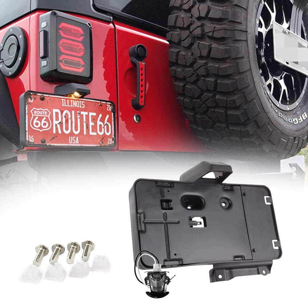 Black Rear License Plate Holder Frames Plastic Bracket with Light Compatible with 20072018 Jeep Wrangler JK License Plates Mounting Bracket