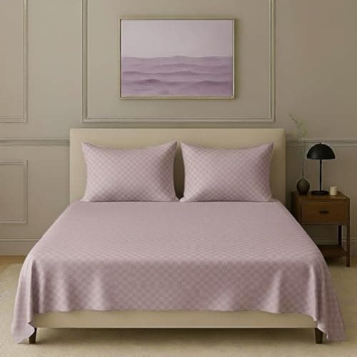 Trance Home Linen Premium Pure Cotton 300TC Checkered Jacquard Weave Queen Size Flat Bedsheet with 2 Pillow Covers | Hypoallergenic & Ultimate Comfort for Skin (86 x 104 inch, Cameo Rose)