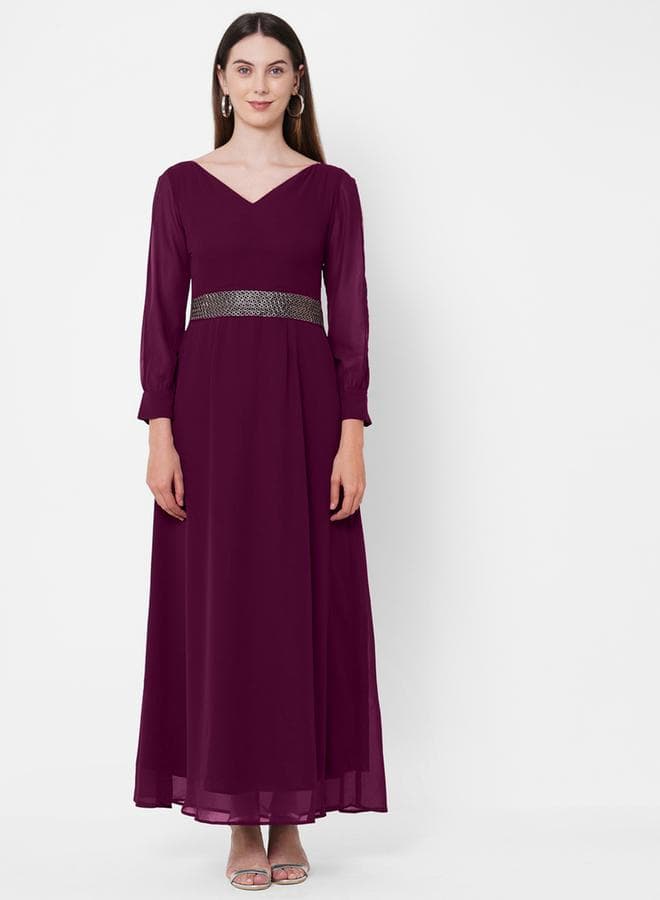 Mish Solid Georgette Fit And Flare Maxi Dress With Slit Sleeves — M