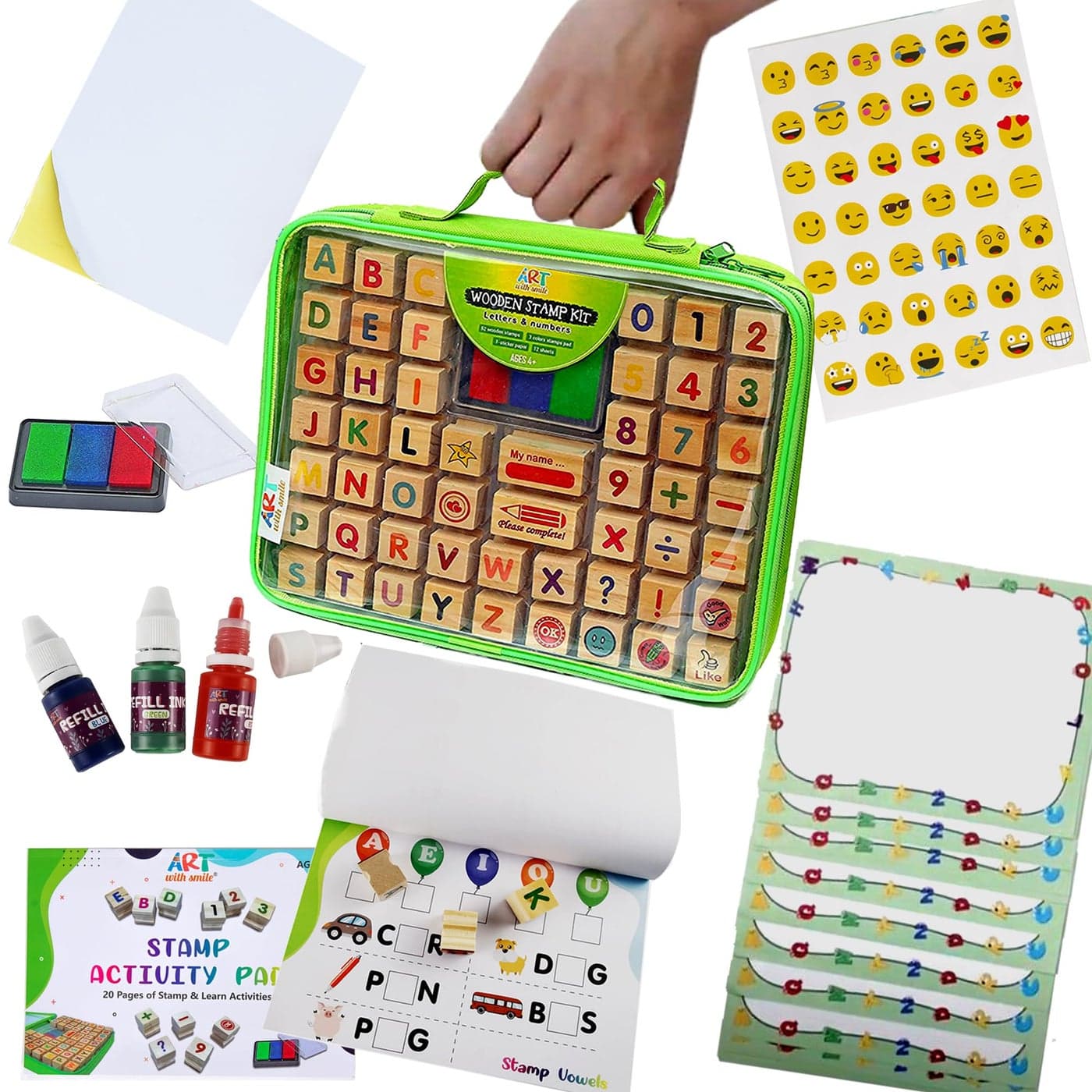 Large Wooden Stamp Premium Set for Kids. 72 Pcs Alphabet Stamps. Letters, Numbers, 3-Color Washable Ink Pad, 3 Refill Bottles, Activity Book. Ideal Creativity Kit for Back to School