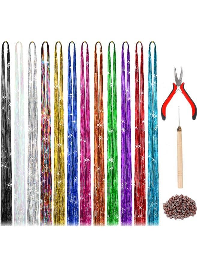 120cm Hair Tinsel with Tool 12 Colours 2400 Strands Hair Tinsel Kit Glitter Hair Extensions for Women Girls