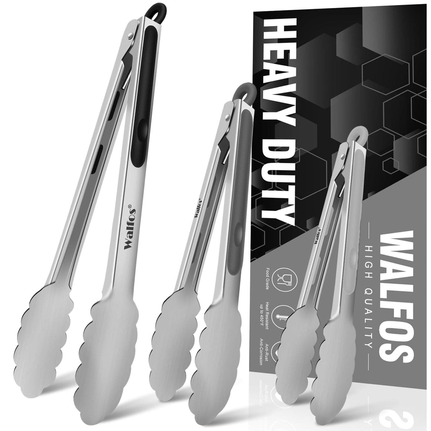 Walfos Stainless Steel Kitchen Tongs for Cooking 7 9 and 12 Inch Food Grade Metal Tongs for Cooking BBQ Set of 3 Heavy Duty Locking Cooking Tongs NonSlip Grip