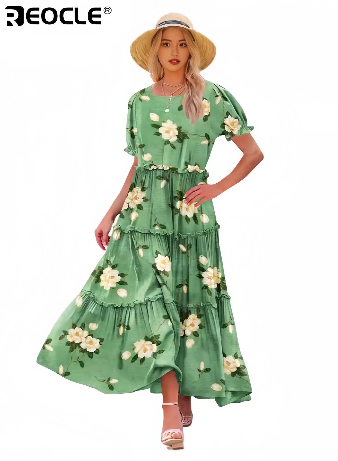 Women Casual Loose Bohemian Floral Dress with Pockets Short Sleeve Long Maxi Summer Beach Swing Dress EJF