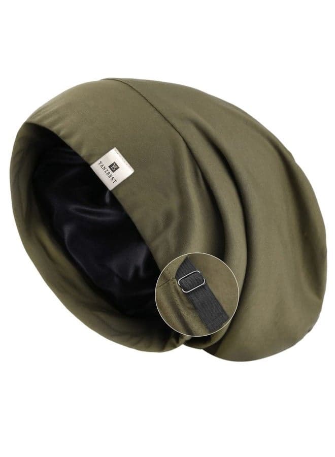Silk Satin Bonnet Hair Cover Sleep Cap - Olive Green Adjustable Stay on Silk Lined Slouchy Beanie Hat for Night Sleeping