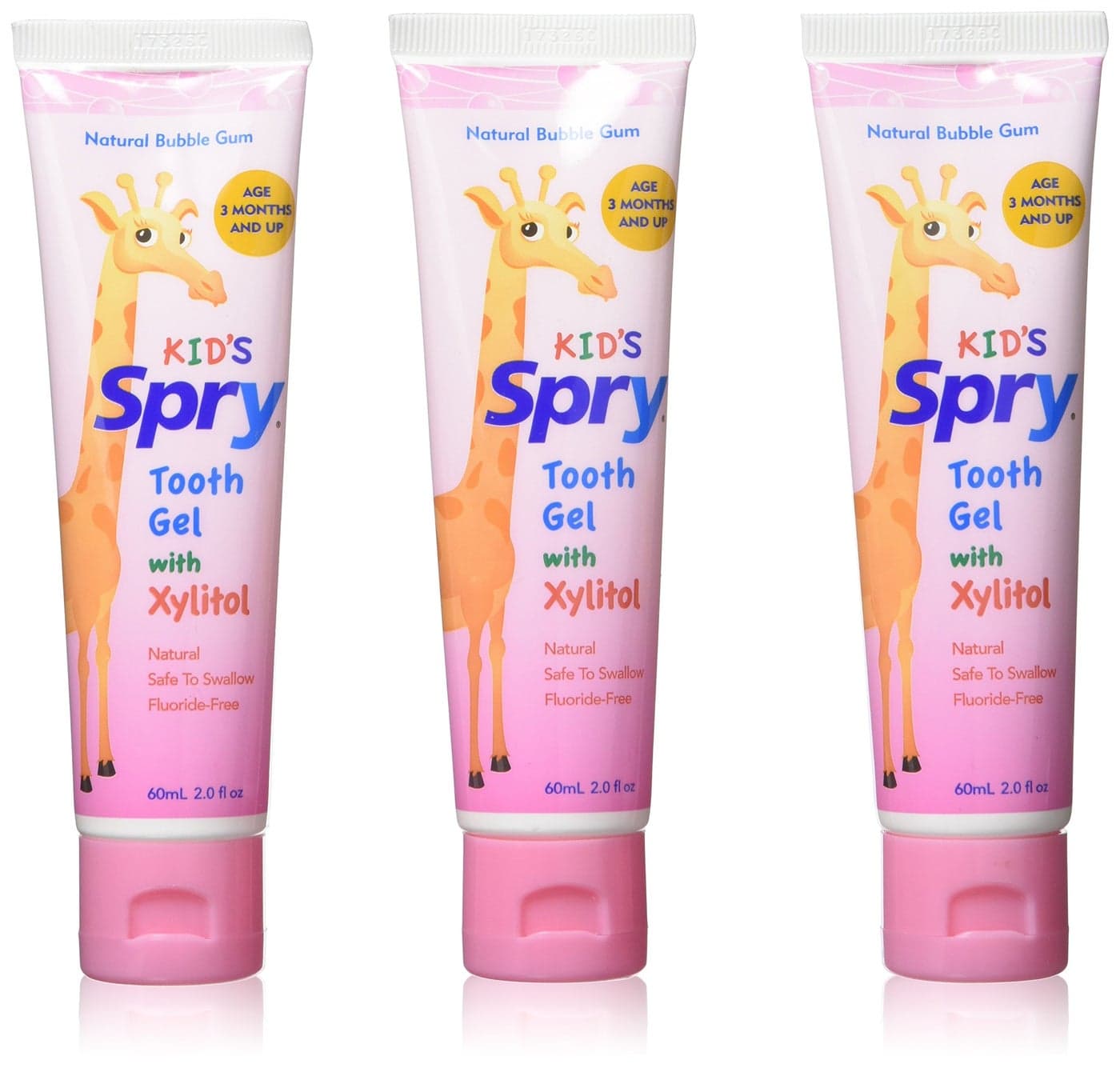 Spry Natural Xylitol Toothpaste for Baby, Toddler and Kids Age 3 Months and Up - Fluoride Free Tooth Gel, Tasty, Support Development of Emerging Teeth, Bubble Gum 2 Fl Oz (Pack of 3)