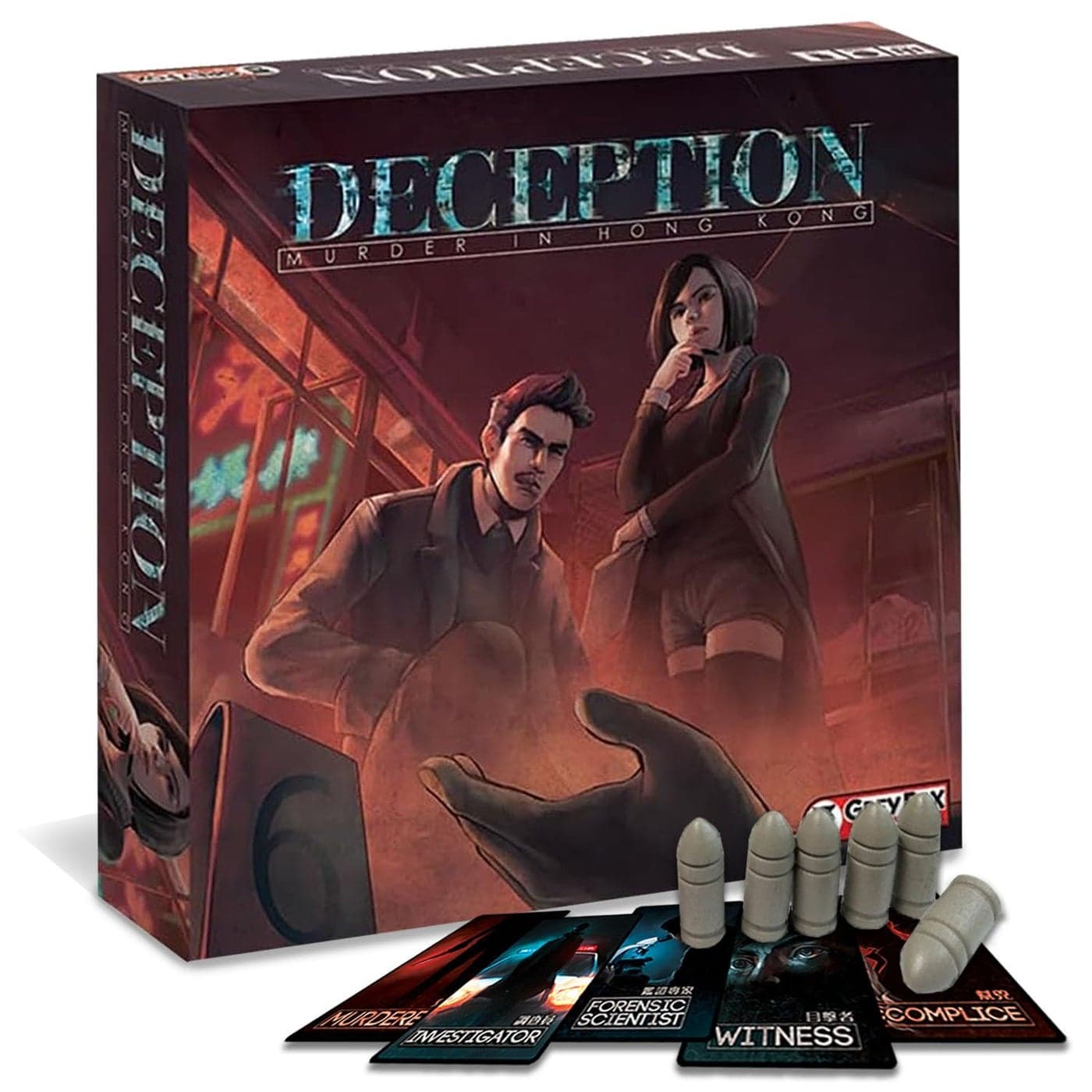 Grey Fox Games Deception Murder in Hong Kong Board Game Social Deduction 412 Players 20 Minutes