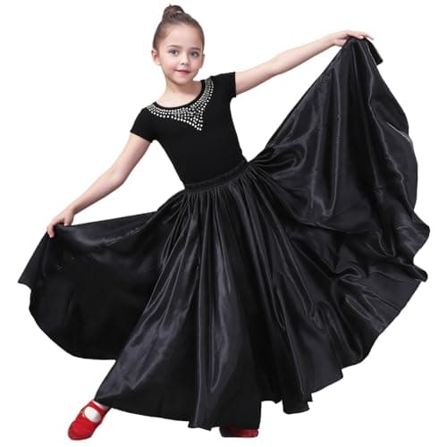 Girls Belly Latin Dance Skirt - Elastic Waist Ankle Length Full Flowy Circle Dancewear for Dance Practice Training (US, Age, 8 Years, 12 Years, Black)