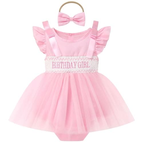 ODASDO 1st 2nd Birthday Outfit Girls Toddlers Dress One Two Years Old Party Cake Smash Photo Shoot Infant Smocked Bowknot Tulle Tutu Princess A-line Romper Dresses Summer Clothes Pink 18-24 Months