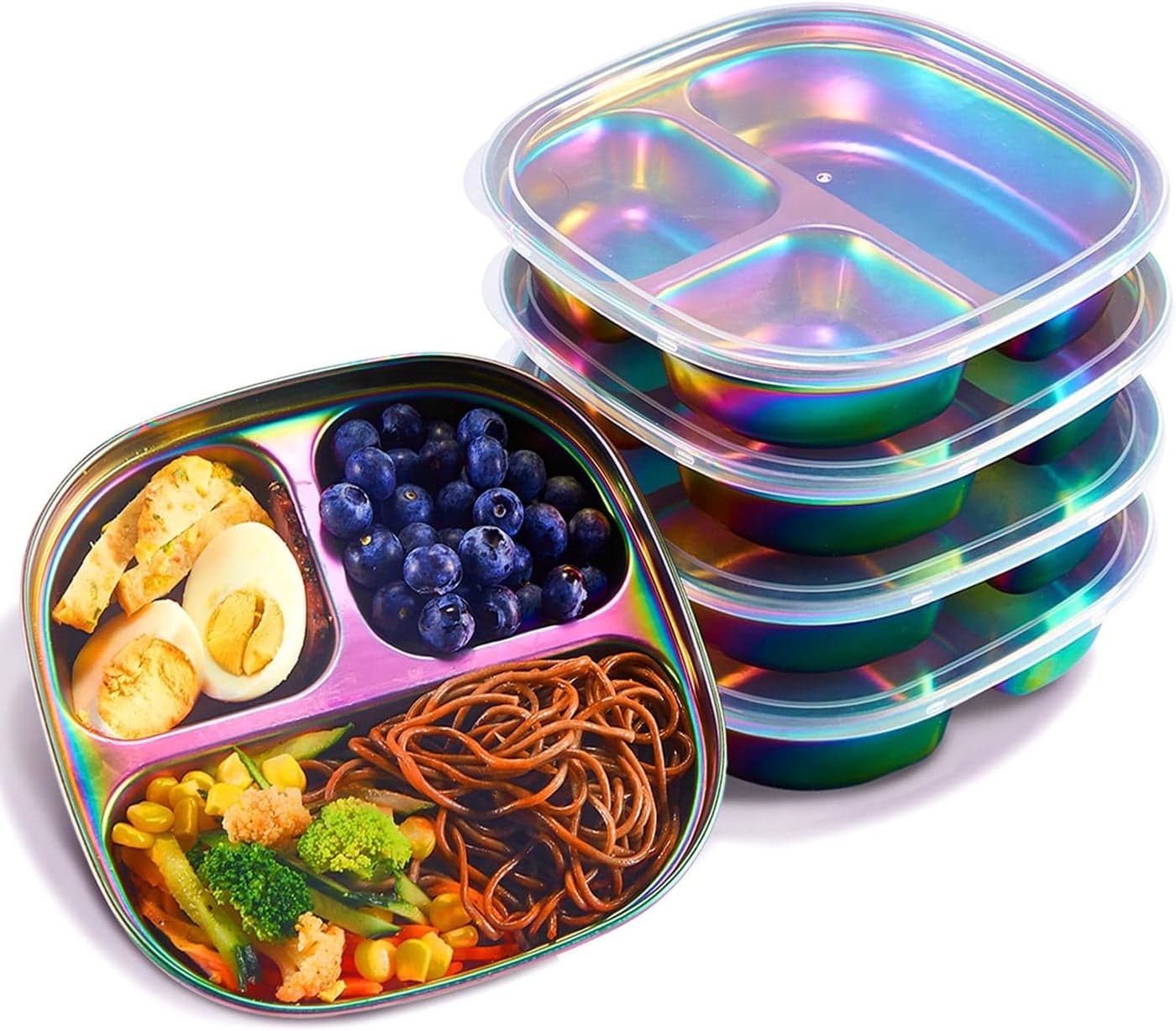 MIMORE Stainless Steel Kids Plates 5 Pack Toddler Plates with Lids Non Toxic Divided