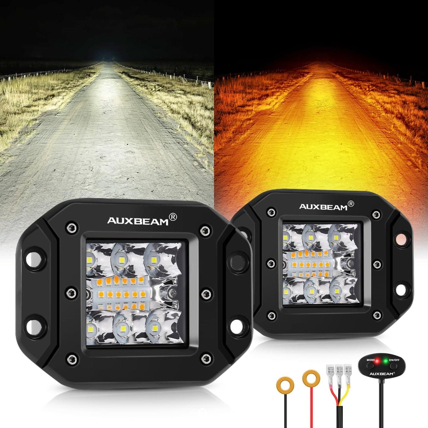Auxbeam 6 Modes Amber White Series Flush Mount Strobe Lights 5 Inch 72W LED Pods Spot Flood Combo FlashingWarning MultiFunction Offroad Lighting Bumper Grille Mount Pair