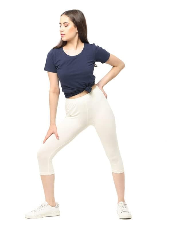 Robinbosky Premium Cotton Lycra Stretchable Capris Leggings (M,Cream)