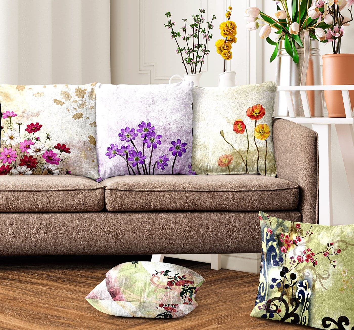Ultimate Trends Premium Polyester Digital Modern Printed Cushion Cover For Living Room Couch Bed Single Sofa Set Of 5 (16 X 16 Inches, Floral Cream), 200 TC