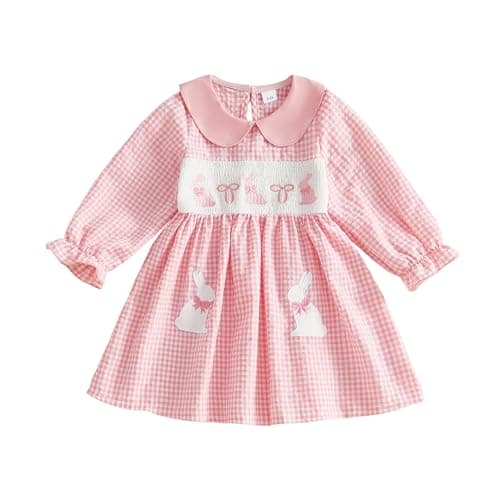 Toddler Girl Easter Dress Bunny Bow Embroidered Long Sleeve Smocked Doll Collar Plaid Dresses for Spring Fall (Pink, 12-18 Months)
