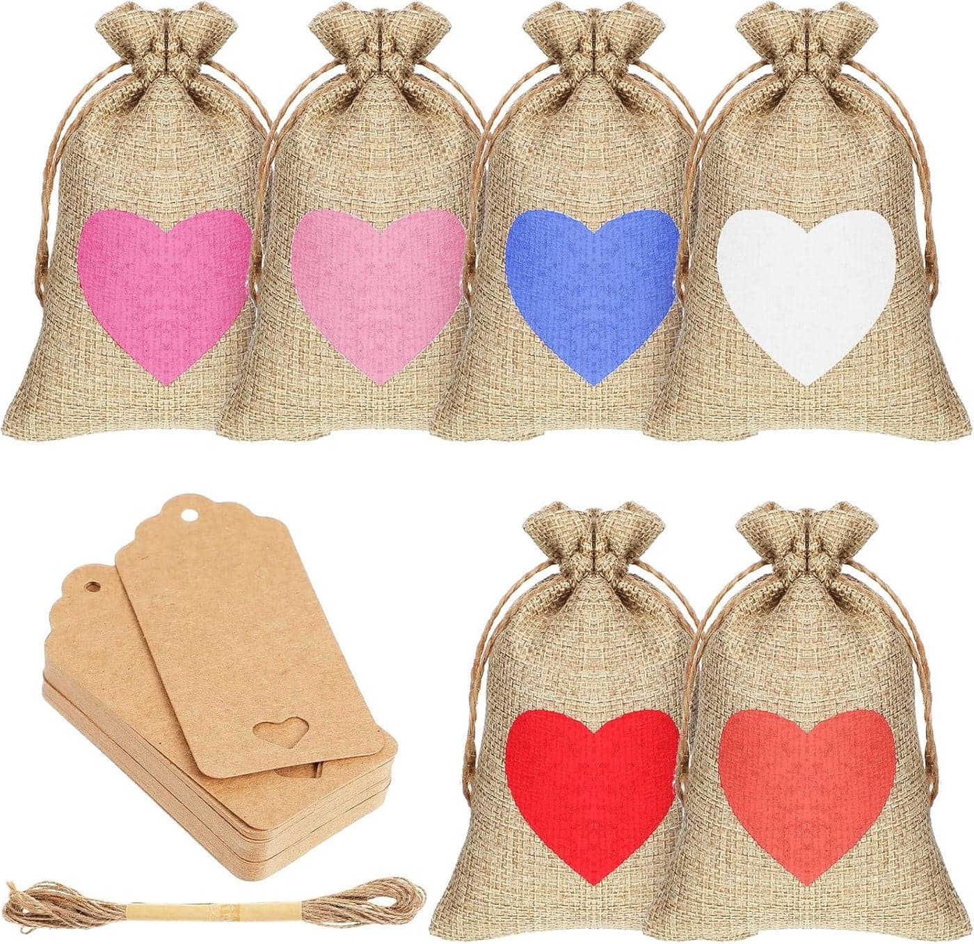 Riakrum 36 Pcs Valentines Day Burlap Gift Bags with Drawstring Heart Bags 6x4 In Party Favor Bag Mini Rustic Pouches Wedding Gift Bags with Tags and Rope for Valentine Bridal ShowerCute Burlap
