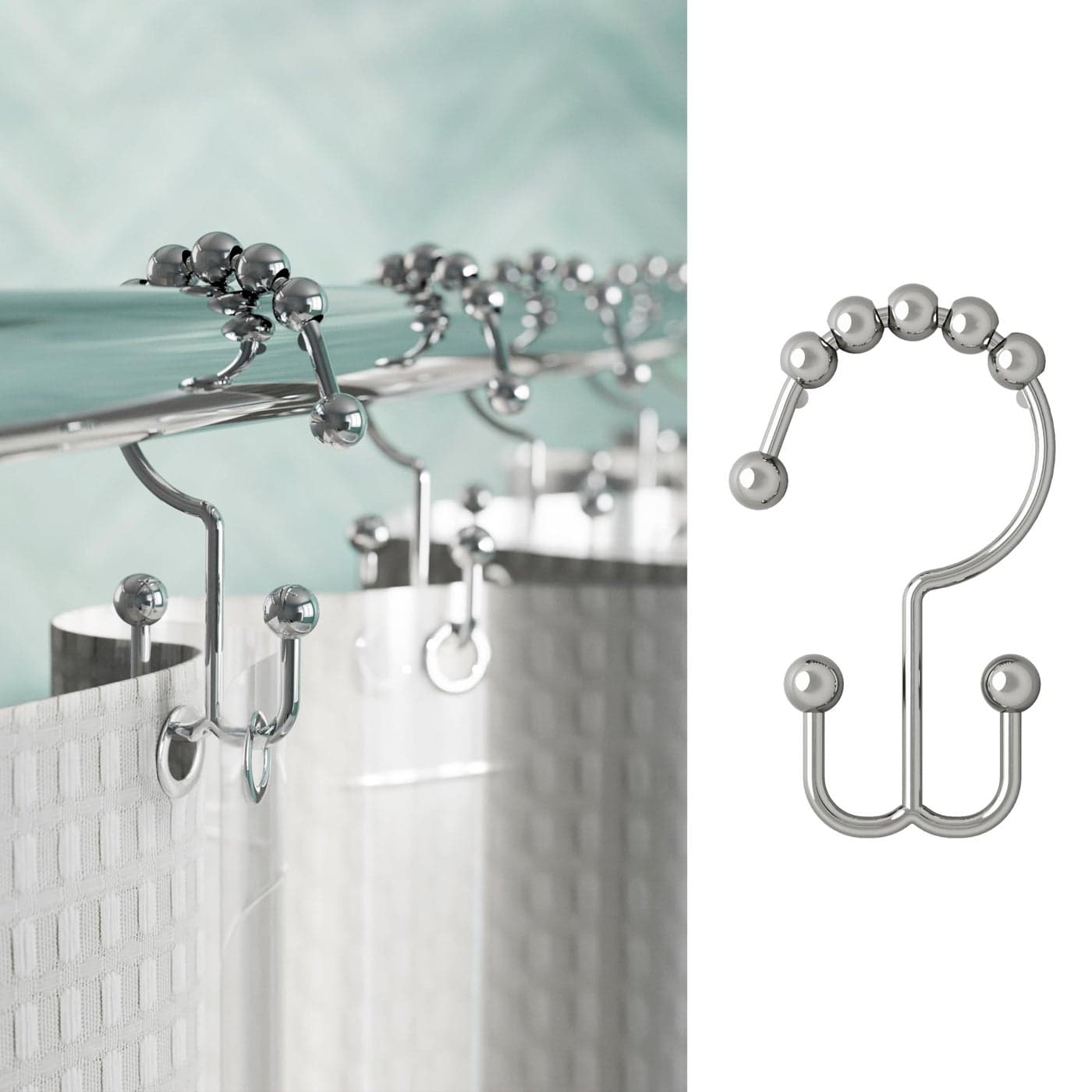 Zenna Home Shower Curtain Hooks Chrome Set of 12 Premium Shower Curtain and Liner Rings with Double Roller Glide and DoubleSided Design Rust Resistant