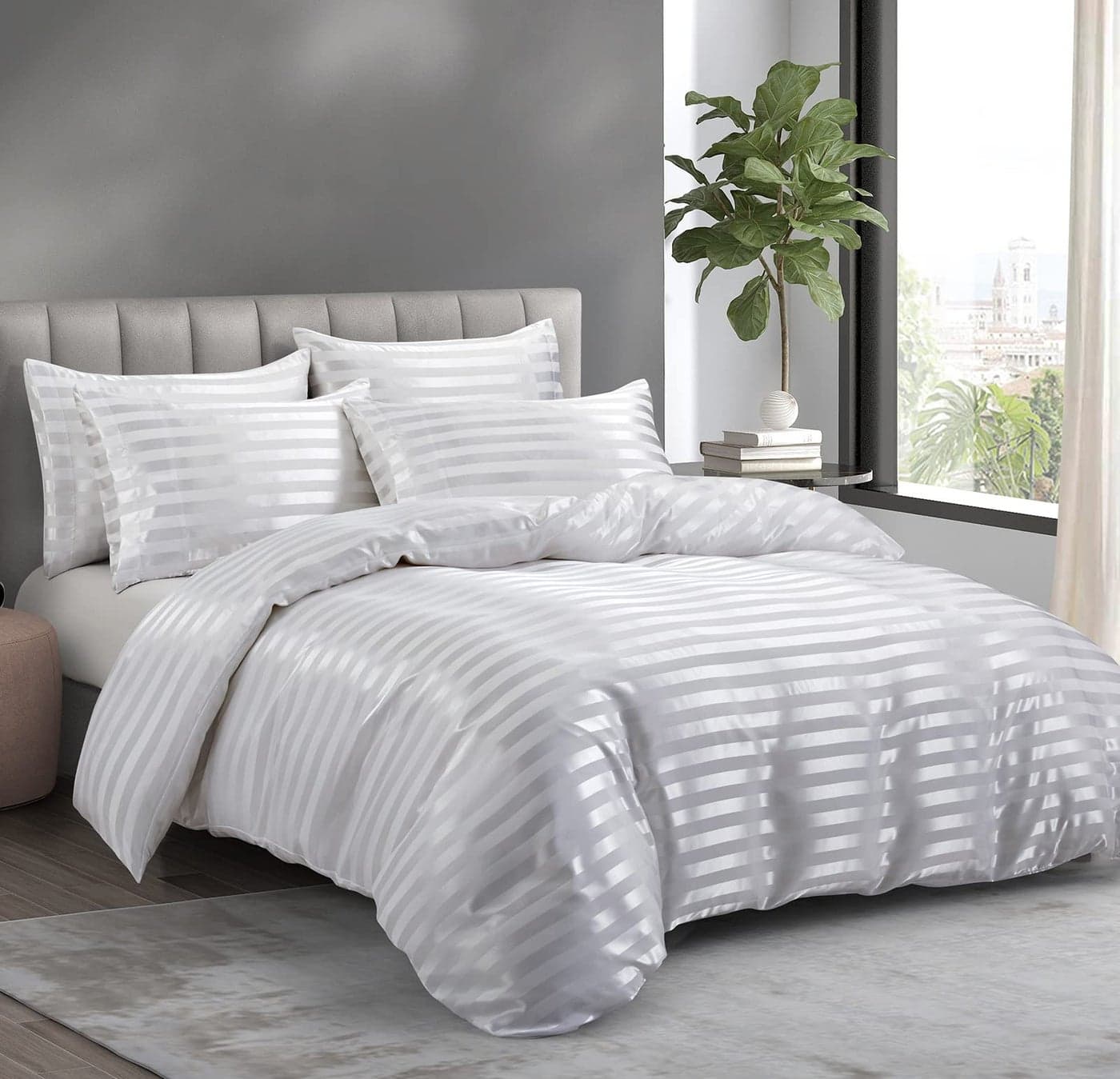 P Pothuiny 5 Pieces Satin Striped Duvet Cover Full/Queen Size Set, Luxury Silky Like Ivory White Stripe Duvet Cover Bedding Set with Zipper Closure, 1 Duvet Cover + 4 Pillow Cases (No Comforter)