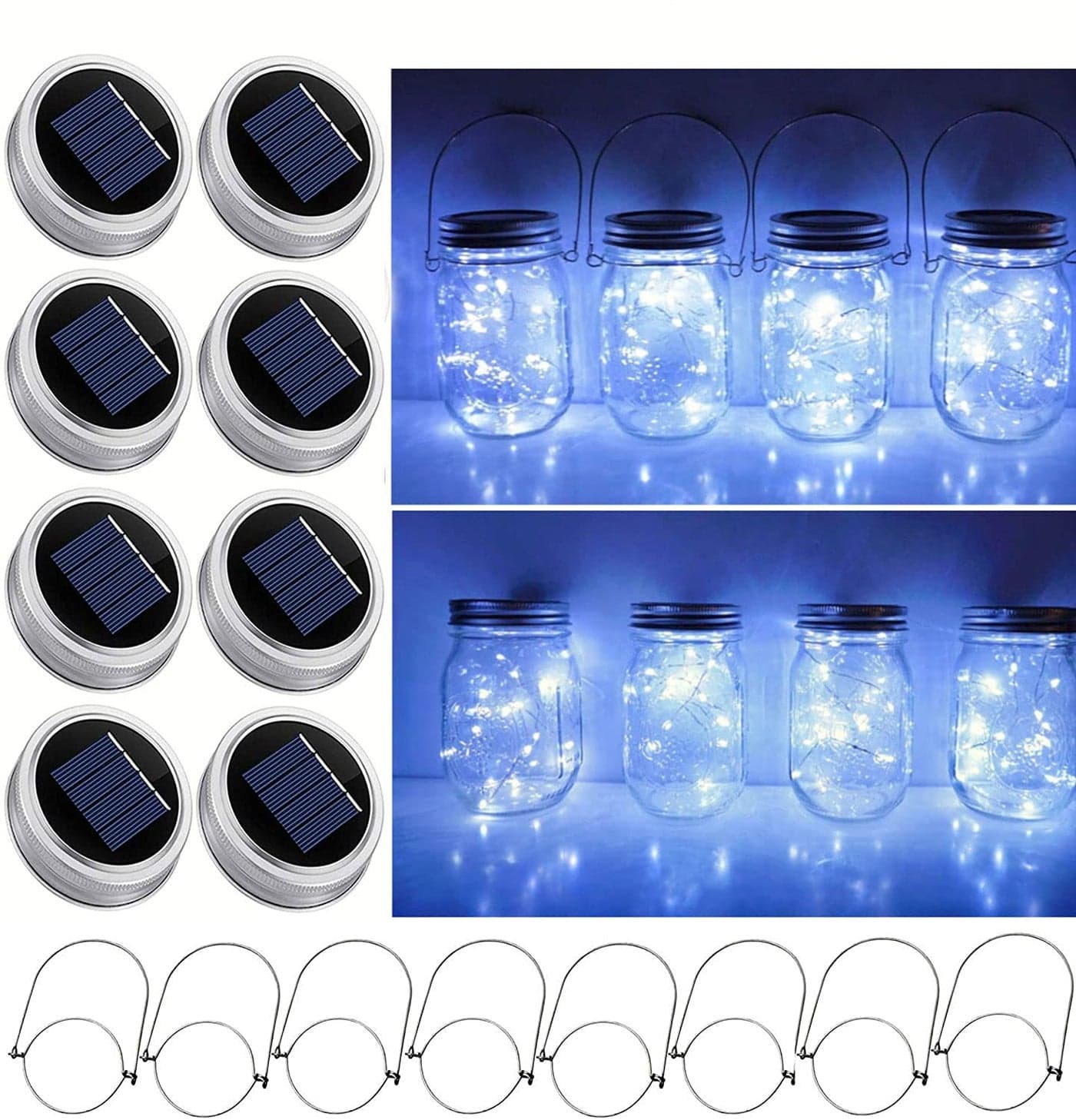 Solar Mason Jar Lid String Lights, 8 Pack 20 Led String Fairy Star Firefly Jar Lids Lights with 8 Hangers Included (Jars Not Included), for Mason Jar Patio Garden Wedding Lantern