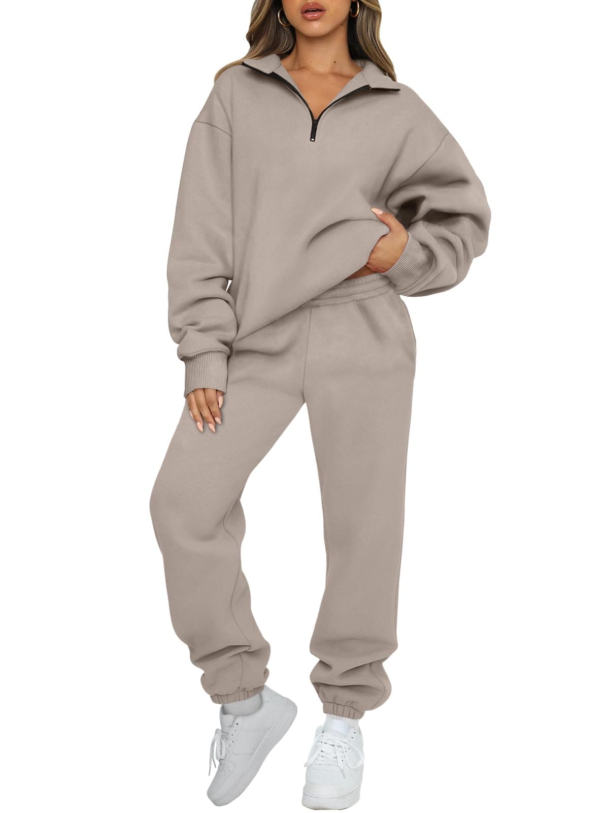 AUTOMET Women's Sweatsuits 2 Piece Outfits Lounge Sets Half Zip Pullover and Baggy Sweatpants Fall Deal Fashion 2025 CoffeeGrey M