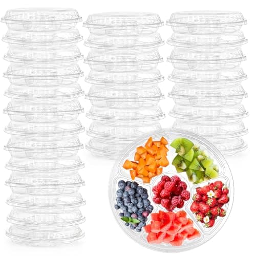 Lawei 30 Pack Plastic Appetizer Tray with Clear Lid, Stackable Round Serving Party Tray, 12 In Banquet Catering Fruit Vegetable Trays, Reusable 6 Divided Food Snack Dip Platter for Outdoor Buffet