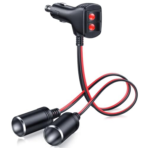 ELECTOP 1 to 2 Car Cigarette Lighter Splitter Adapter Power Charger Port 12V 24V Plug Socket 2Way Splitter Y Adapter with Dual Independent Switches Cigarette Lighter Extension Cord with 10A Fuse
