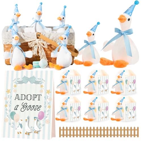 Soulchen 16 Sets One Silly Goose Birthday Decor Adopt a Goose Favors Small Stuffed Plush Animal with Birthday Party Hats Ribbon Bow for Adopt a Pet Theme Party Supplies Gifts Baby Shower Blue