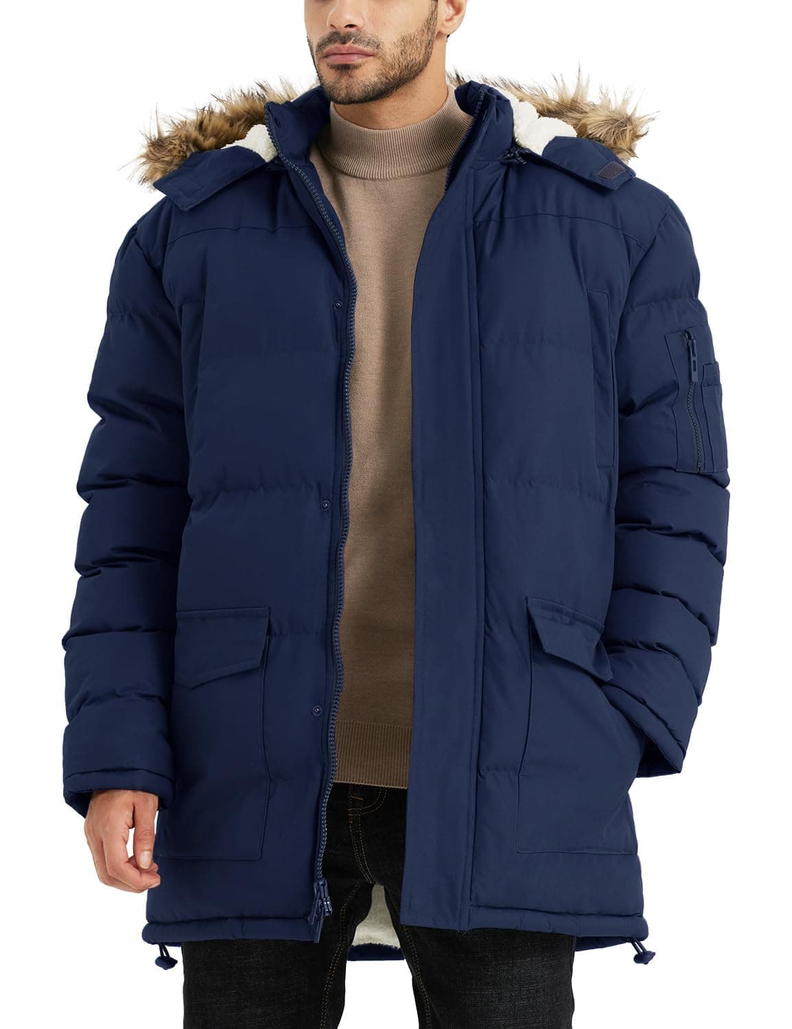 JAWERU Winter Coats For Men Winter Jackets Water Resistant Warm Thicken Puffy Hooded Insulated Thicken Parka Coat Blue M
