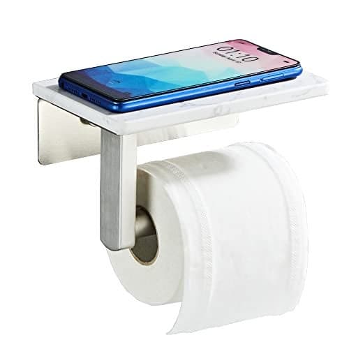 Brushed Nickel Toilet Paper Holder with Shelf 304 Stainless Steel Screw Wall Mounted Marble Tissue Roll Holder with Storage