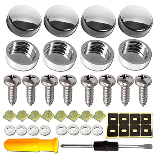 Aootf Stainless Steel License Plate Screws-8PC M6X20mm Rust Resistant Stainless Steel Screw, Self Tapping Car Tag Bolt Fastener for Securing Number Plate Frame, Chrome Caps, Anti-Rattle Pad