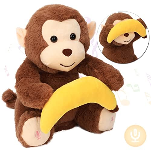Hopearl Peek A Boo Monkey with Banana Interactive Repeats What You Say Plush Toy Musical Singing Talking Stuffed Animal Adorable Electric Animate Birthday Festival Brown 11