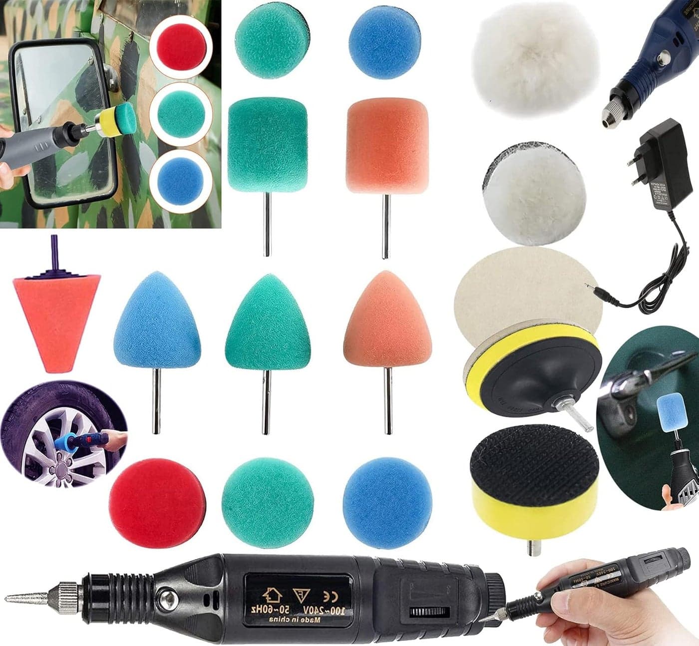 DIY Crafts Mini Cone's 1-3" inch, Choice 1-7" inch Sponge Buffing Waxing Density Felts & Fur Pad for Tight Area Detailing Sealing Glaze + Mini Variable Speed Machine (15x 1X Felt 1X Fur Pads, 5"inch)