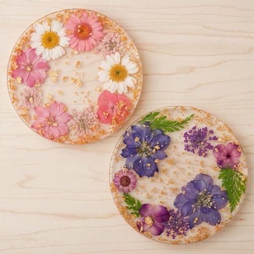 Classicseali 2pcs Floral Coasters Cute, 8.7cm/3.4Inch Non-Slip Resin Flower Coasters, Desk Coaster Set for Office Women, Cute Coaster for Drinks Coffee Table Wooden Desks Kitchen Bar Mugs