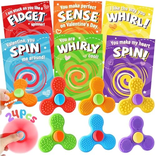 24 PCs Valentines Day Cards with Fidget Spinner for Kids Classroom Textured Sensory Fidget Toys with Valentine Cards Kids School Classroom Exchange Prizes Gifts Rewards Stress Relief Party Favors