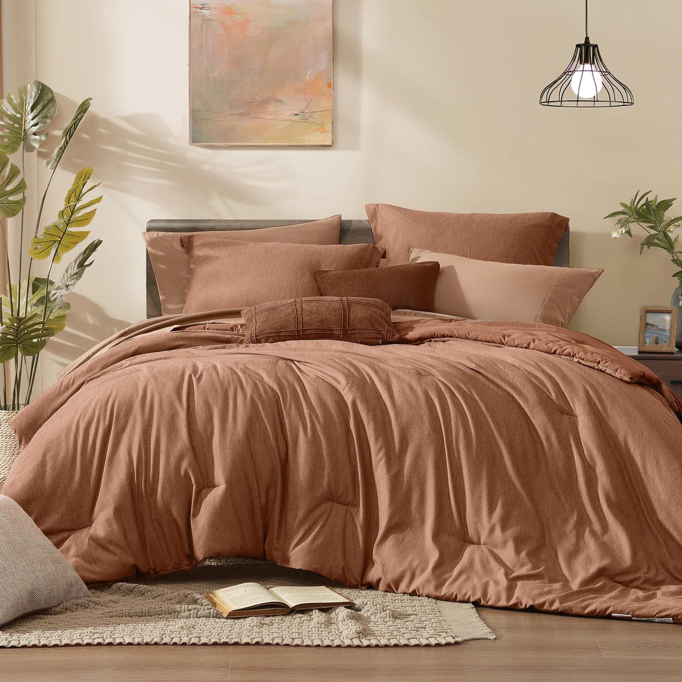 Monbix Queen Comforter Set 7 Pieces Cationic Dyeing Autumn Leaf Bed in a Bag Queen Bedding Sets with Comforter Sheets Pillowcases Shams Reversible Bedding Comforters Sets